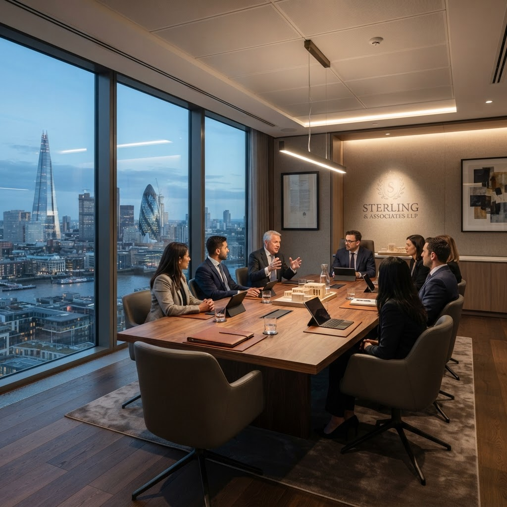 Modern law firm office with a large meeting table
