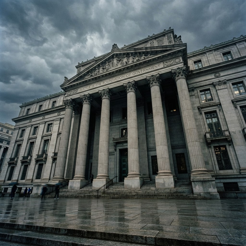 Neoclassical courthouse facade with stone columns